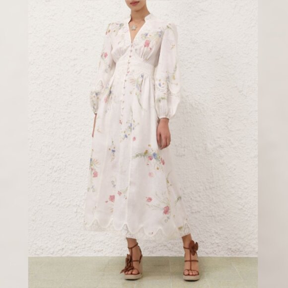 Zimmermann Lucky Lace V-neckline White Floral Midi Linen Dress - Picture 1 of 14